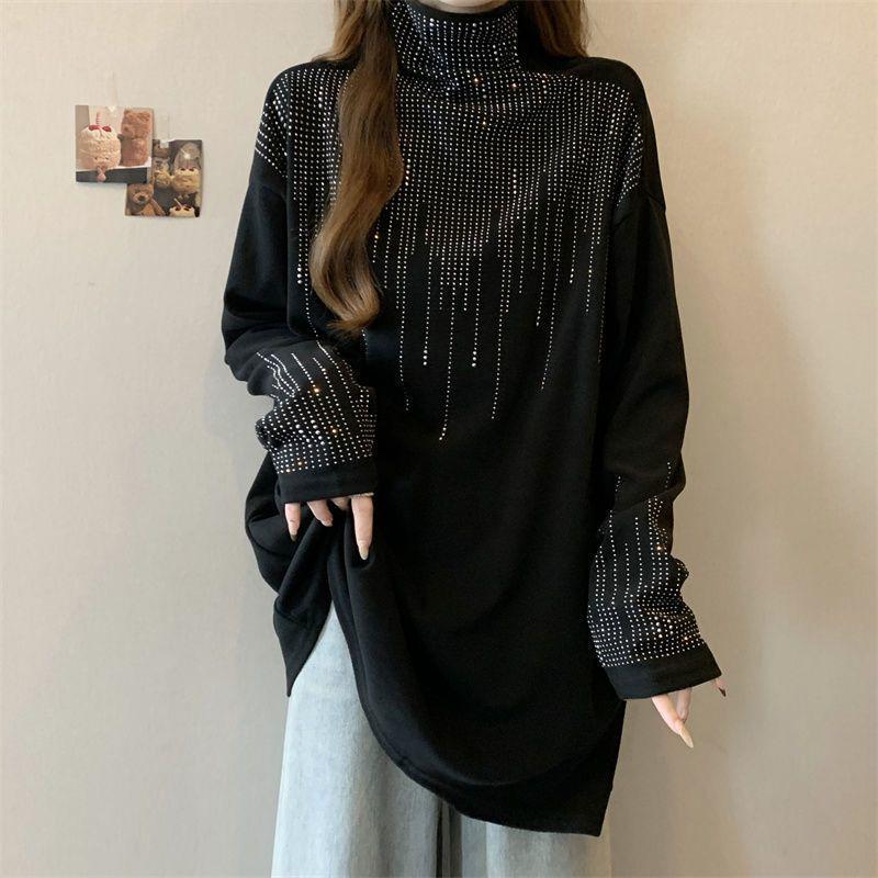 Худи большого размера с бархатом и стразами, с высоким воротником, для женщин - Осень/Зима, свободный крой, скрывает недостатки, Топ