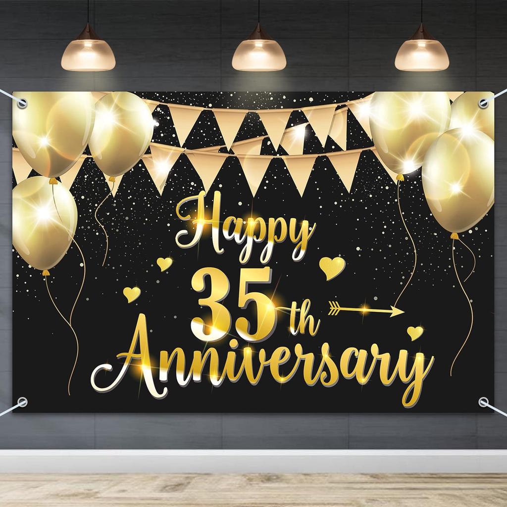 HAMIGAR 6x4ft Happy 35th Anniversary Banner Backdrop - 5.9 x 3.9 foot, Gold