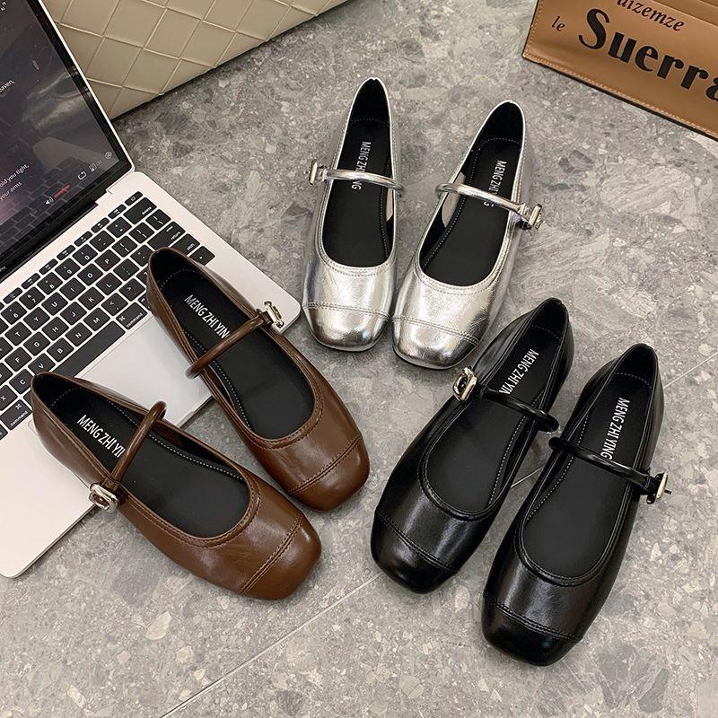 Flat-soled beanie shoes silver small leather shoes French with skirt Mary Jane shoes light mouth single shoes women's 2025 spring and summer explosion