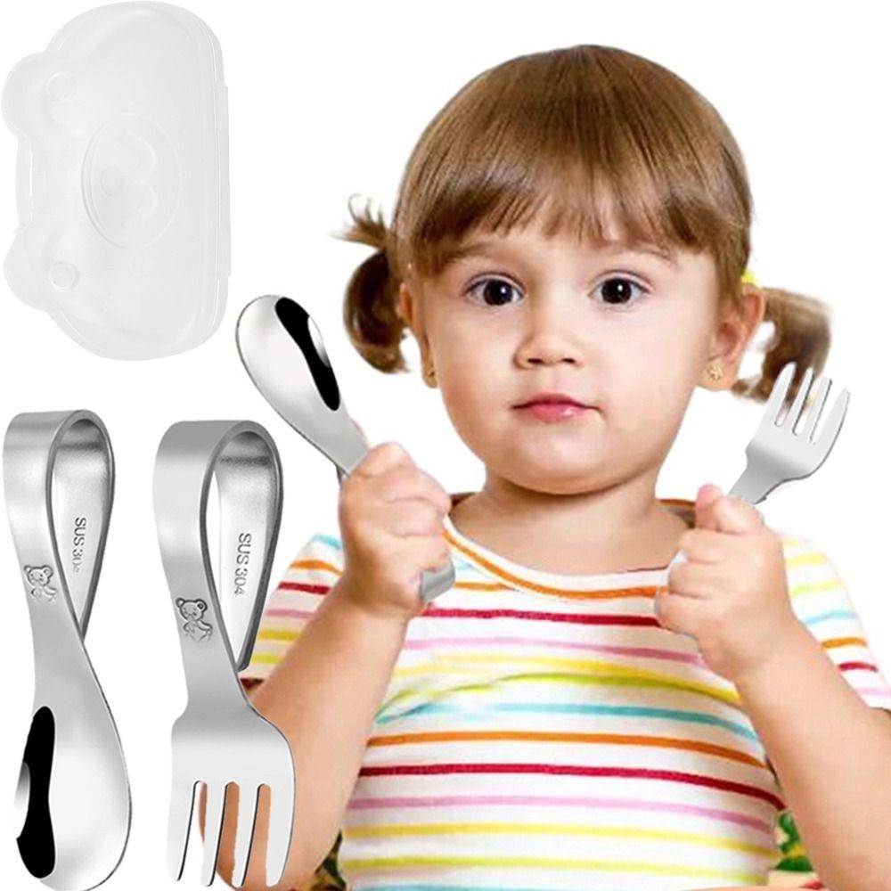 with Storage Box Cute Training Spoon Fork Stainless Steel Toddler Training Utensils  Kitchen