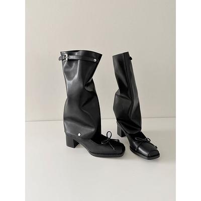 Версия из овчины нишевые толстые каблуки 5 см высоты ботильоны-брюки женские ботинки два способа носки квадратный носок полый бант балетки одинарные