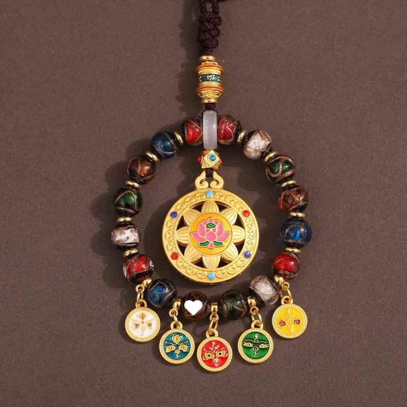 Tibetan Wealth God Zhakila Lhamo Incense Ash Glass Pendant - Five Directions Car Charm, Metal Retro Style