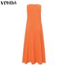 VONDA Летнее женское платье с круглым вырезом, без рукавов, однотонное, праздничное, пляжное, длинное, плиссированное