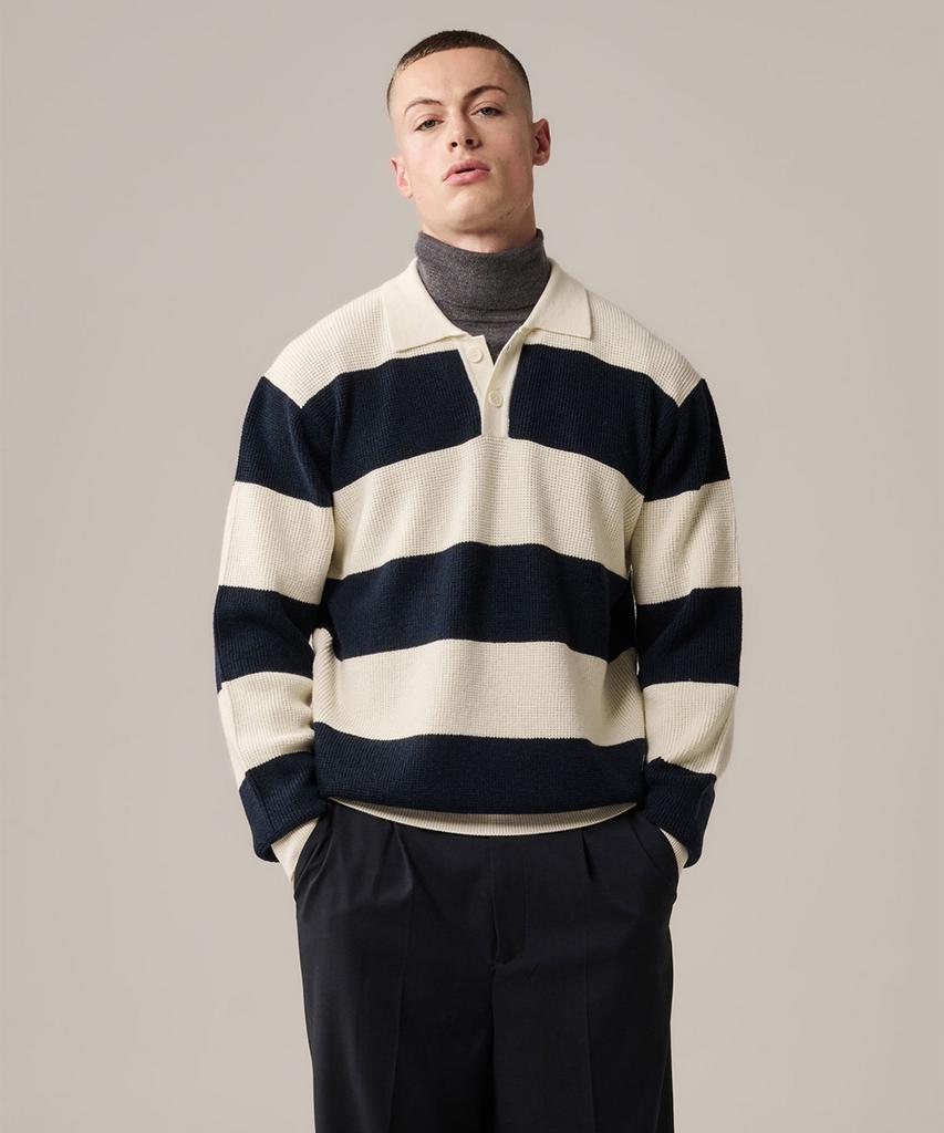 Yaichi Striped Merino Wool Waffle Rugby - Golden Blue