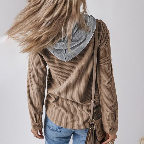 Весна Осень Женская Рубашка С Лоскутным Капюшоном И Нагрудными Карманами Завязывается На Шнурок Однобортная