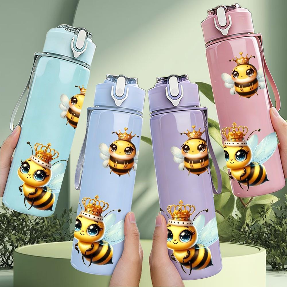 1PC Simple Flying Bumble Bee Print 750ml Color Plastic Sports Water Bottle Leakproof Flip Straw Lid Suitable for Sports Office Home Use