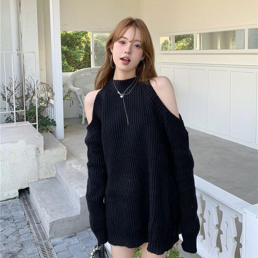 Oversized Ribbed Knit Sweater for Women - Korean Style, Lazy Style, Hole Cutout, Long Sleeve