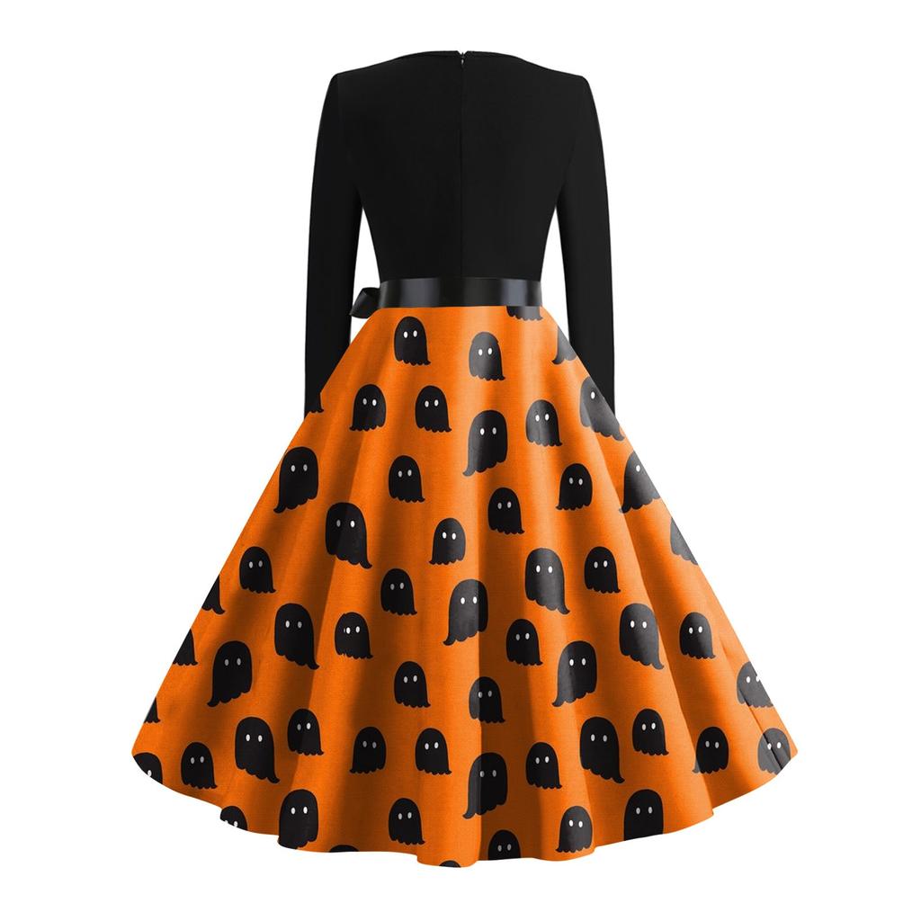 Женское повседневное модное винтажное платье с длинным рукавом и принтом на Хэллоуин