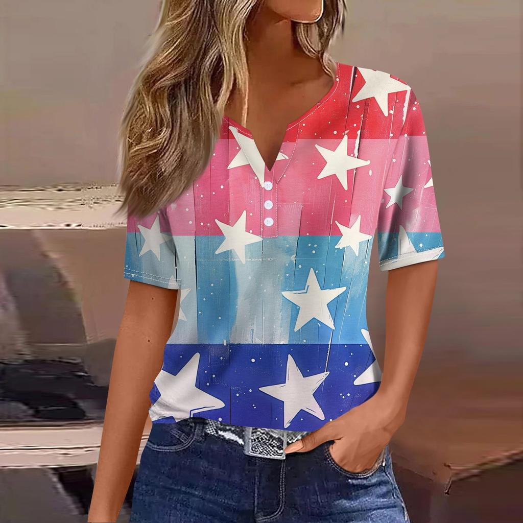 Жен. Футболка Футболка День независимости С принтом Пуговицы С короткими рукавами Повседневные Выходные Мода Классический Классический V-образный вырез Обычный Топ