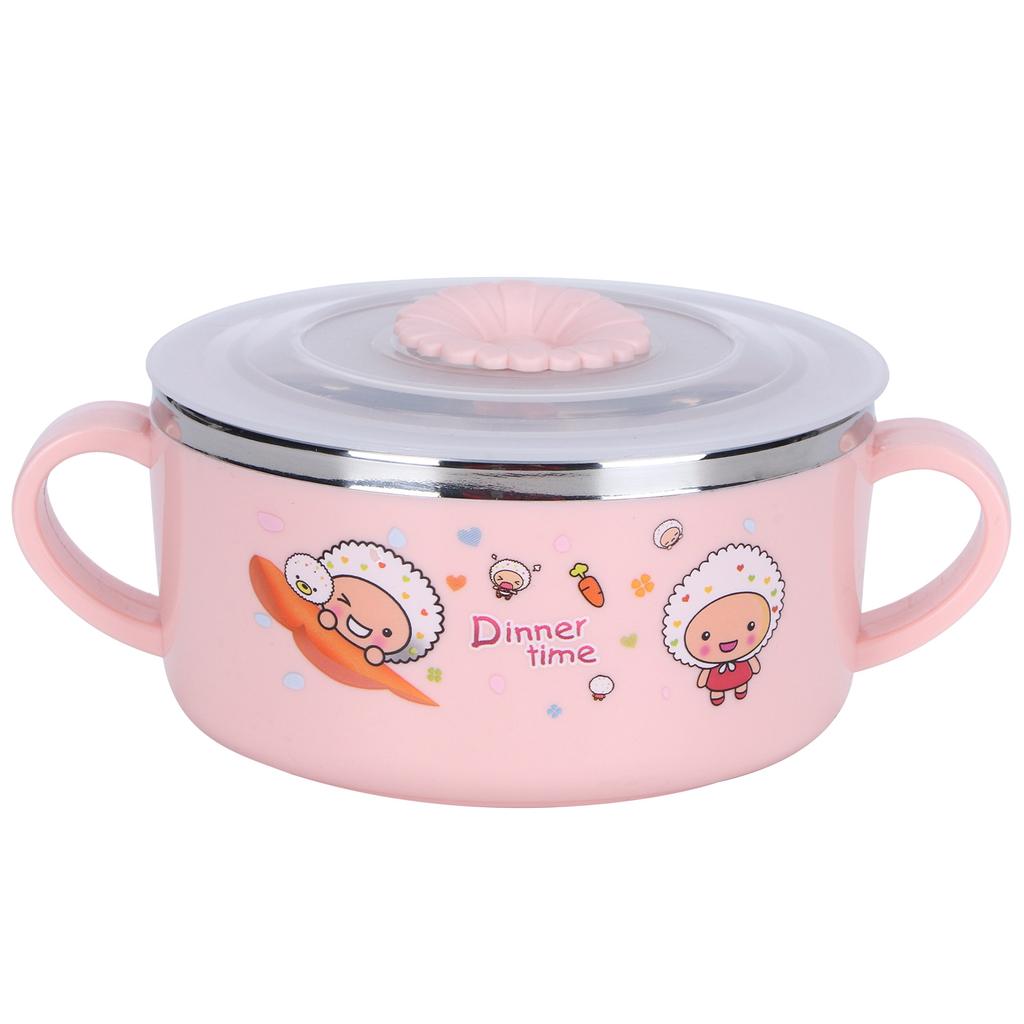 Baby Children Bowl Cartoon 304 Stainless Steel Rice Feeding Bowl with Lid TablewarePink