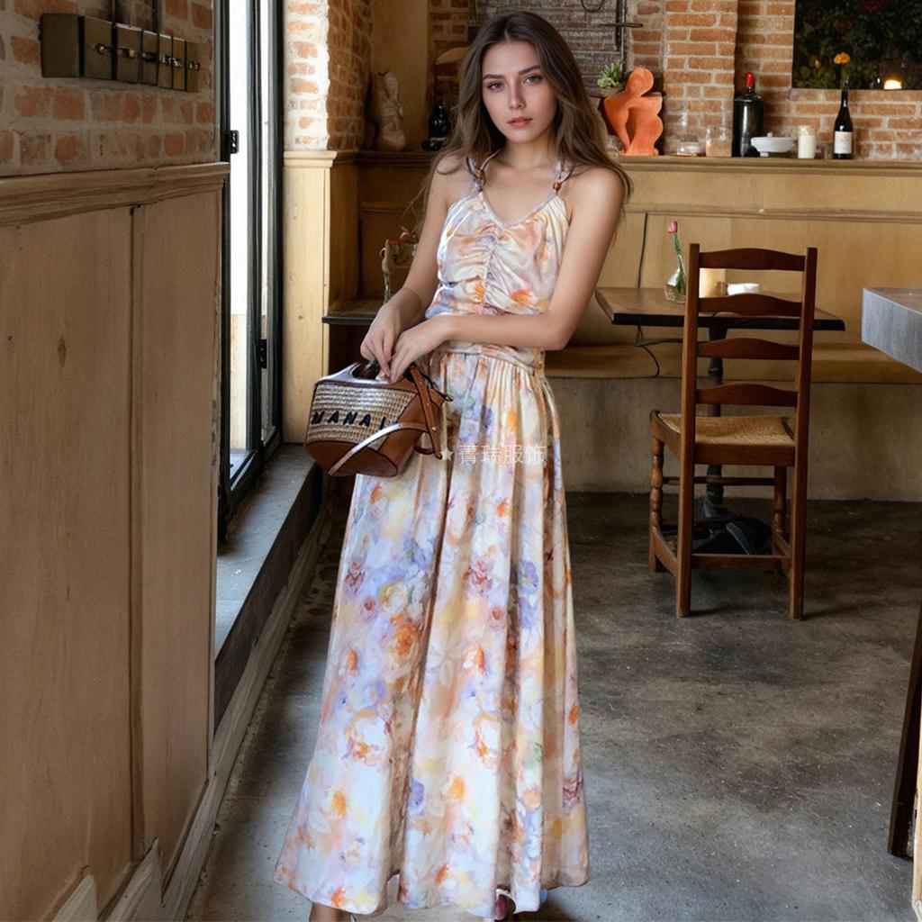 Женское летнее винтажное платье с принтом масляной живописи в праздничном стиле с лямкой на талии и лямкой на шее