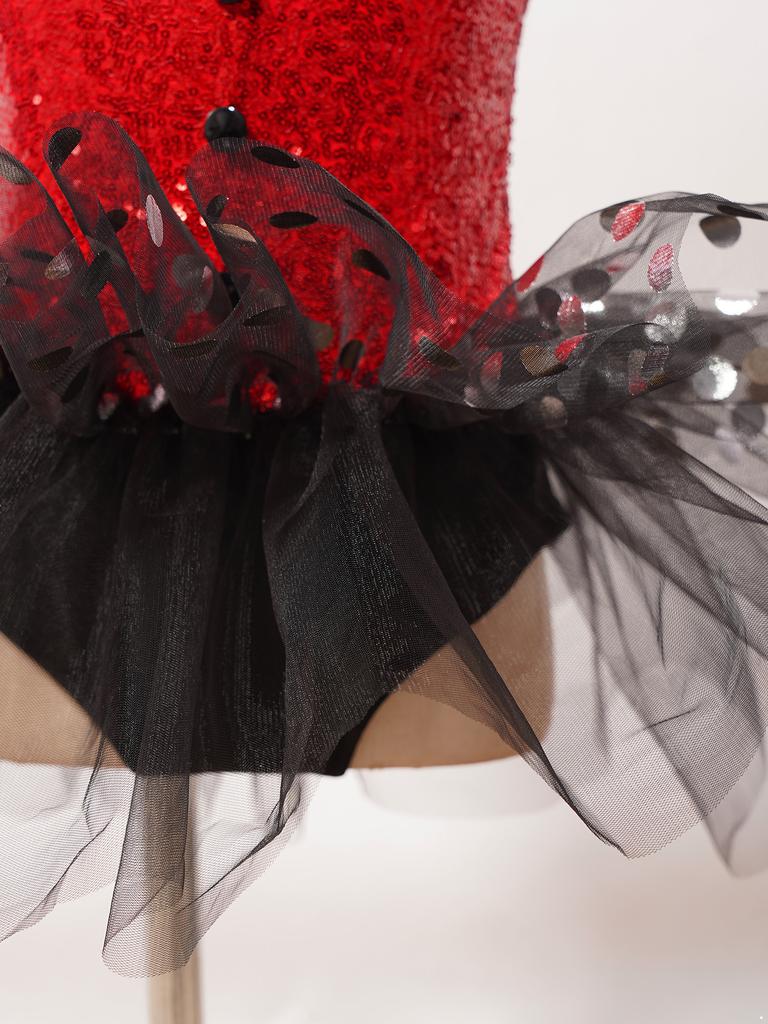 Стильное танцевальное платье в горошек для девочек, безрукавный костюм с воротником и пайетками на спине, сетчатая юбка, одежда для выступлений