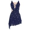 Women Dance Dress with Rhinestones Adorned Straps - Backless Side Slit Flowy Asymmetrical Hem Built-in Crotch Press Buttons for Stage Performance