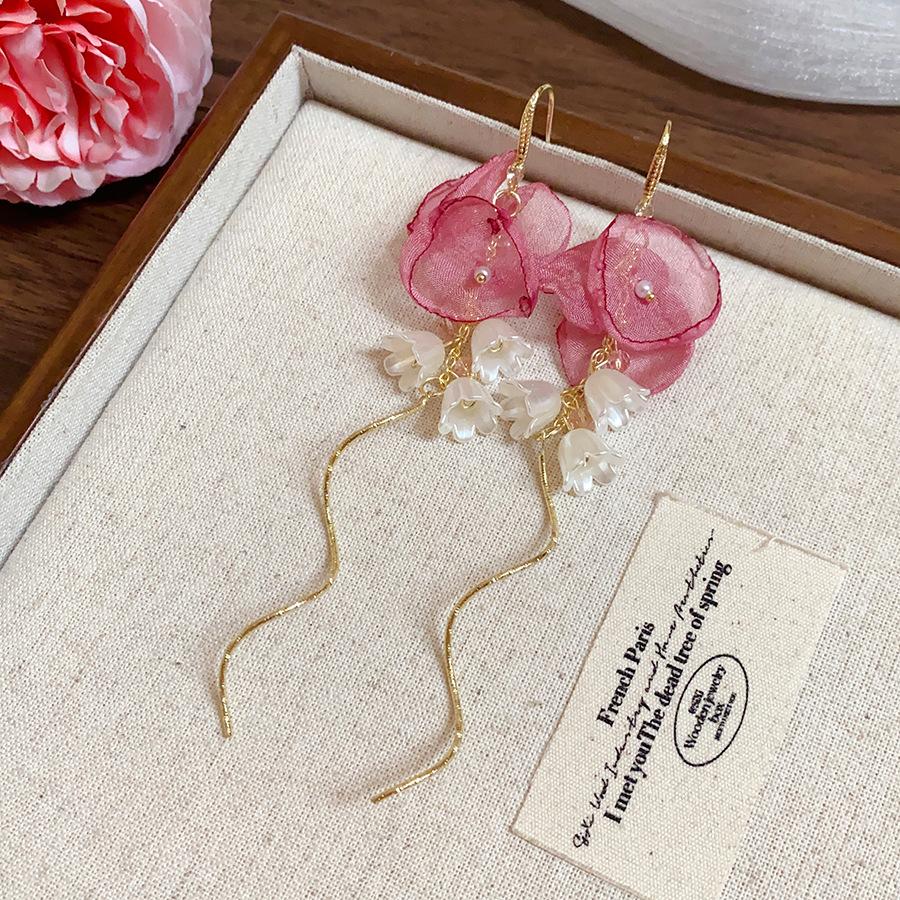 Zircon pearl chiffon bud fringed ear hook spring and summer sweet temperament earrings niche high-end versatile earrings women