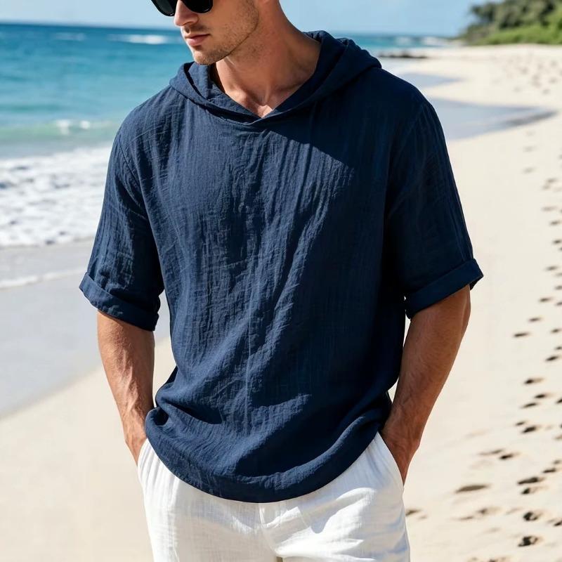 Mens Linen Hooded Short Sleeve T Shirt Loose Fit For Beach Vacation