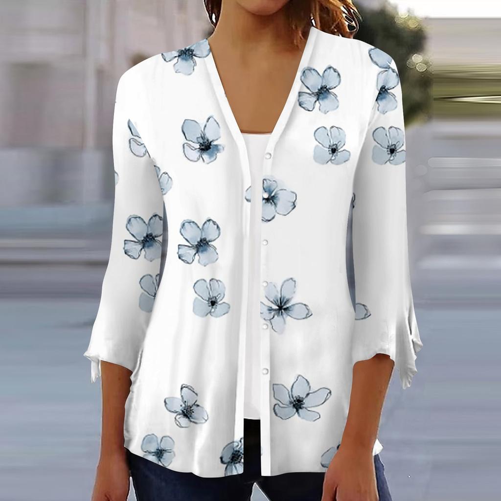 Women's Shirt Blouse Outerwear Print 3/4 Length Sleeve Casual Holiday Basic Button Tops