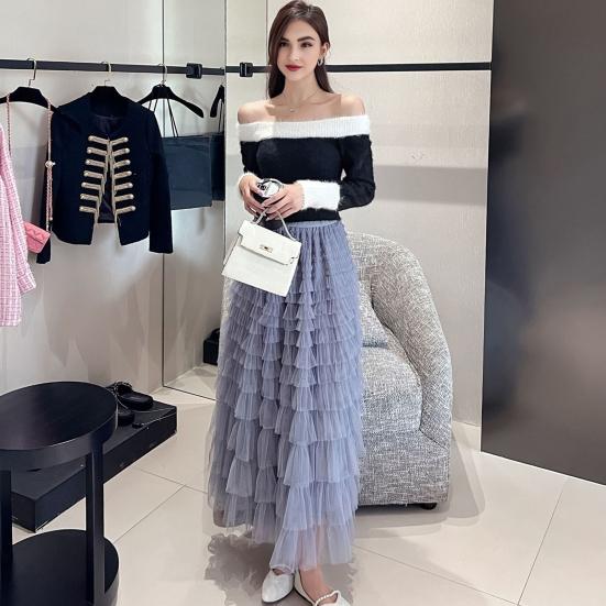 Женская юбка-торт, эластичная юбка А-силуэта с высокой талией, многослойная, с оборками, однотонная, юбка макси, для работы, отдыха, повседневной носки