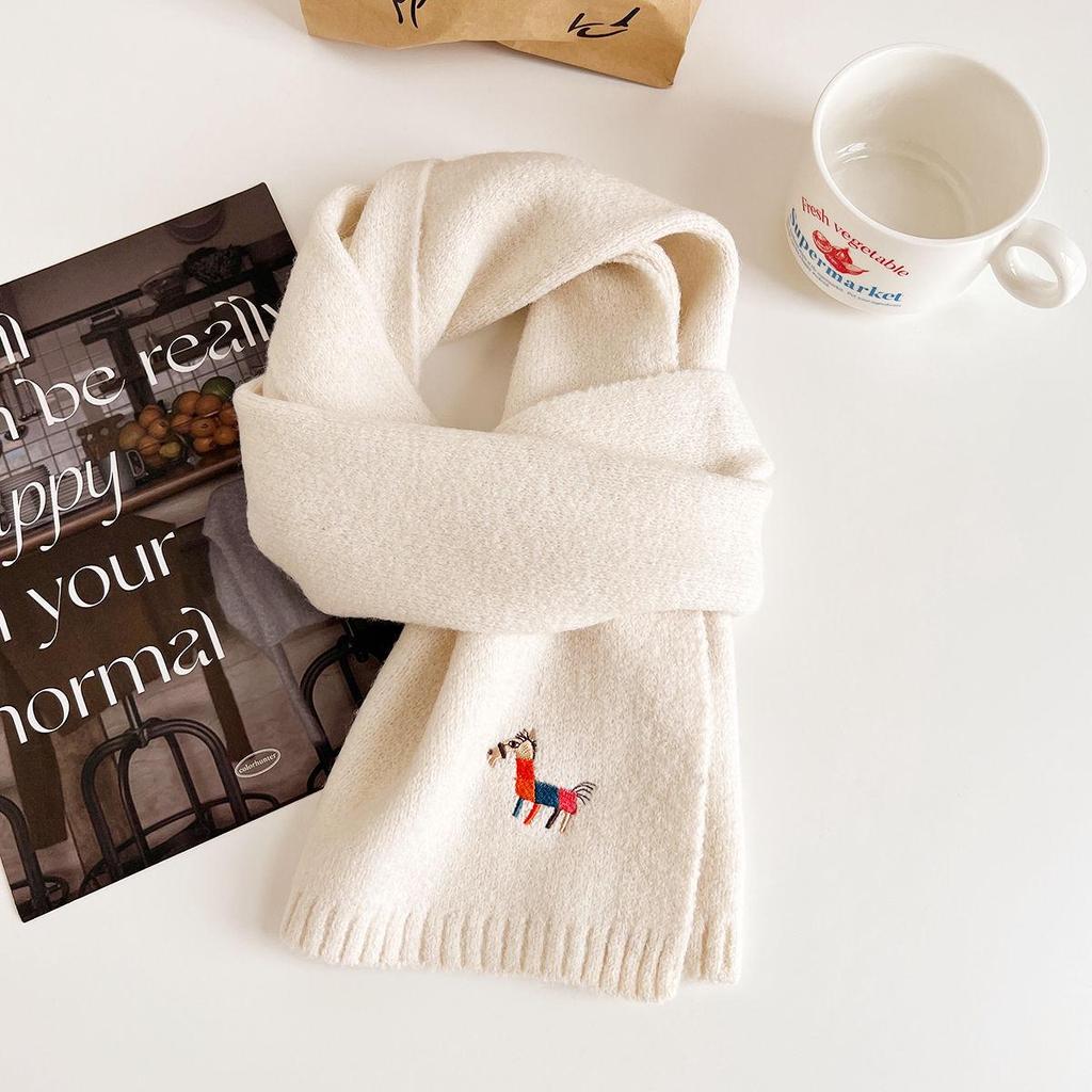 2024 Autumn/Winter Korean Knitted Wool Scarf - Women's Warm, Thick, Embroidered Design