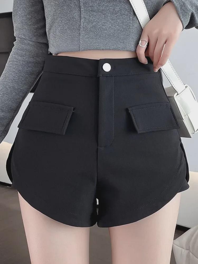 New High-Waist Wide-Leg A-Line Shorts for Petites - Casual, Black, All-Season.