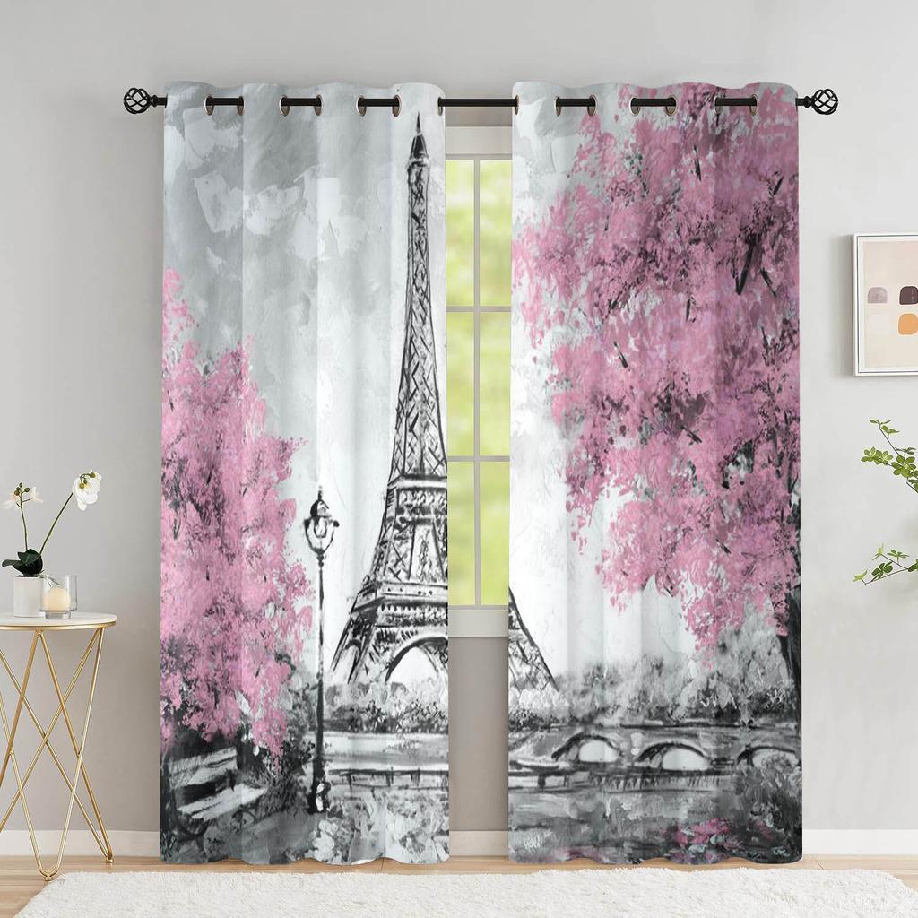 Paris Lover Window Curtain Eiffel Towers Living Room Blackout Curtain For Bedroom Dorm Oil Painting Aesthetic Home Decor 2 Panel