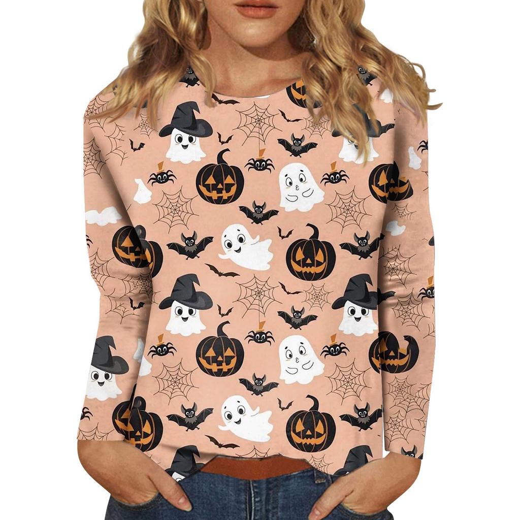 Women's Fashion Casual Long Sleeve Striped Halloween Printed Round Neck Top