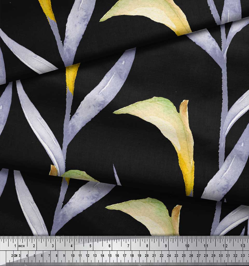 Soimoi Черный японский креп-сатин Ткань Листья Акварельный Принт Ткань на метр 42 дюйма
