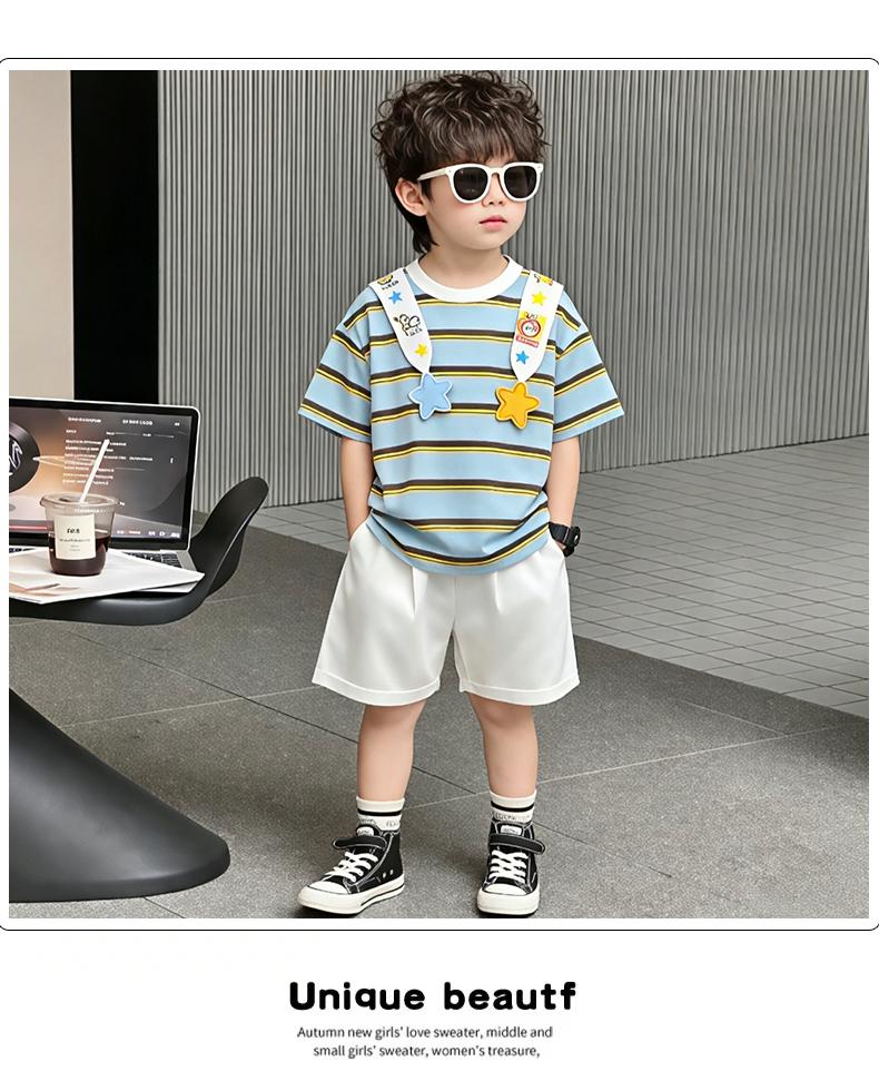 Boys' Summer Set, Western Style, Boys' and Girls' Striped Short sleeved T-shirt, 2026 New Style, Handsome and Casual Summer Dress for Children