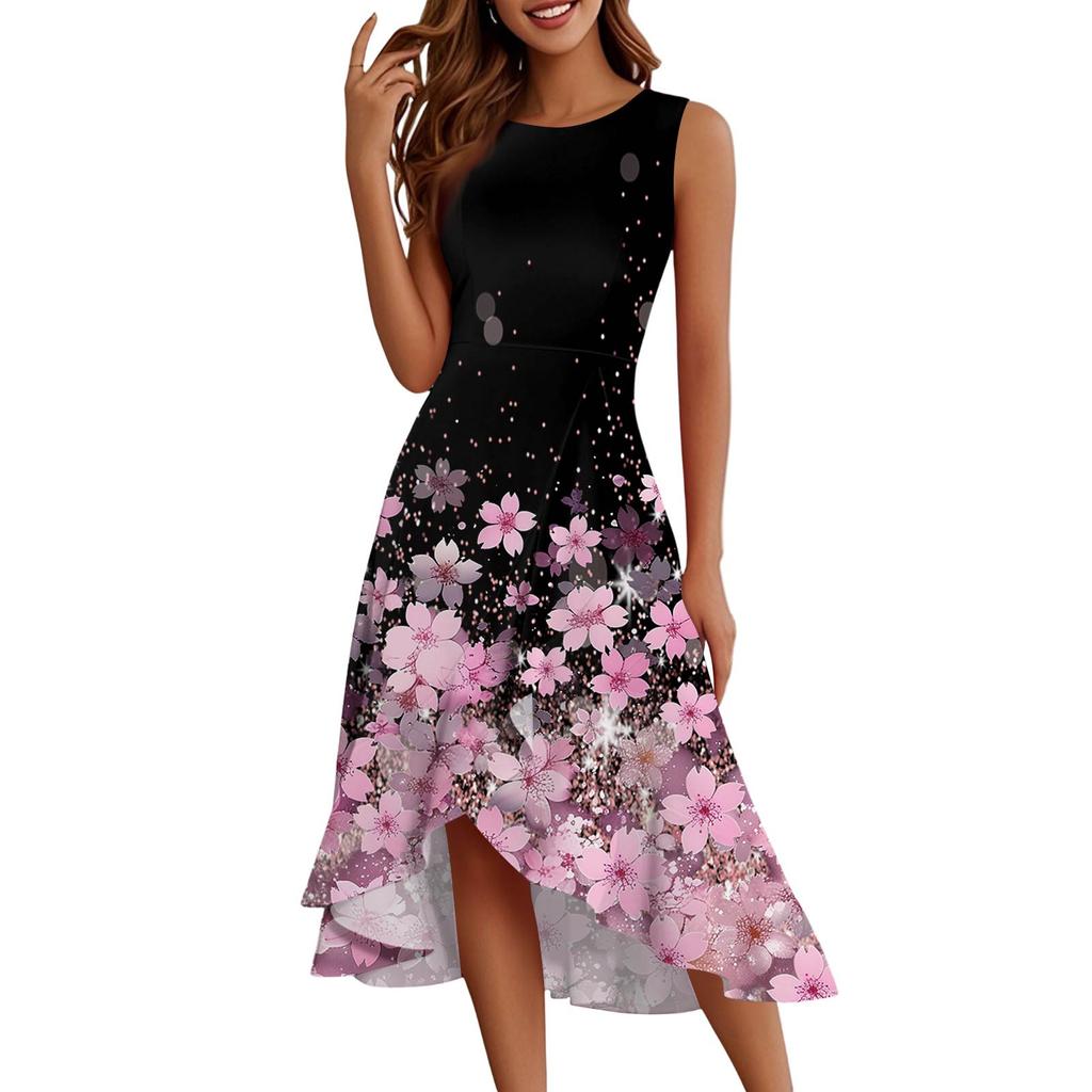 Женские модные повседневные платья без рукавов с круглым вырезом и принтом, элегантные, темпераментные, с оборками