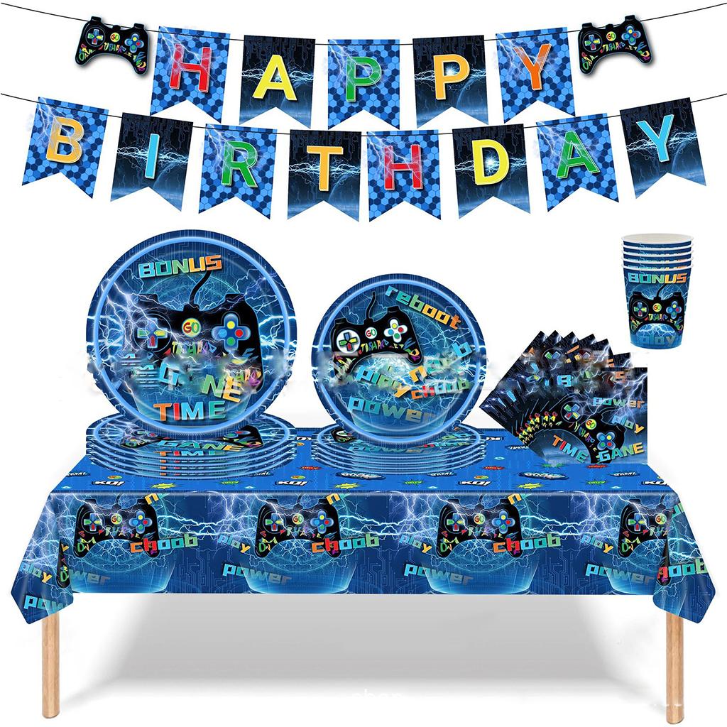 Blue Lighting Game Theme Disposable Tableware Set Blue Game Handle Paper Plates Napkins Happy Boy Game Birthday Party Supplies