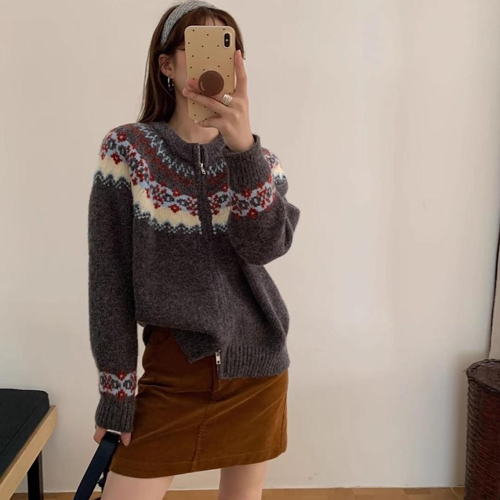 Женский ретро кардиган Fair Isle на молнии - Осенне-зимний, свободный, повседневный, стройнящий вязаный свитер