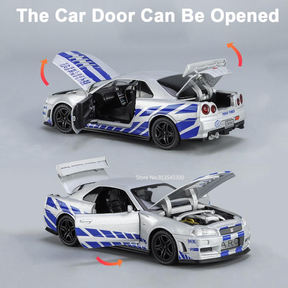 1/32 Nissan GTR R34 Модель автомобиля Игрушки Металлические литые имитационные транспортные средства со светом и инерционными игрушками Коллекция для мальчиков Подарки на праздники