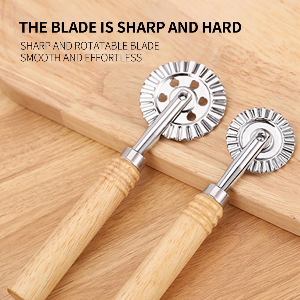 Biscuits Wheel Cutter, Pasta Cutter Wheel, Ravioli Pizza Cutter Wheels With Long Wooden Handle Dumpling Lace Making Noodle Dough Ruffled Edge
