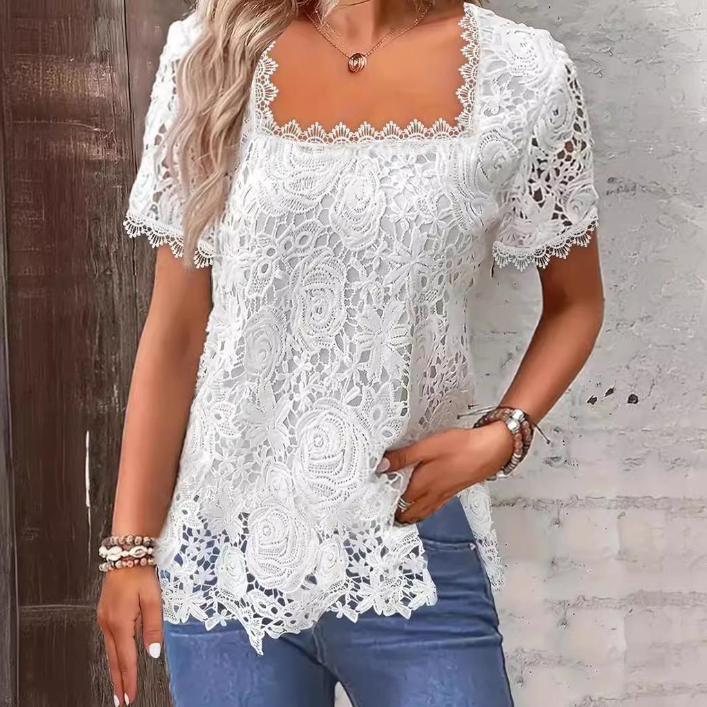 Летняя женская модная однотонная повседневная футболка с квадратным вырезом и короткими рукавами и кружевной отделкой