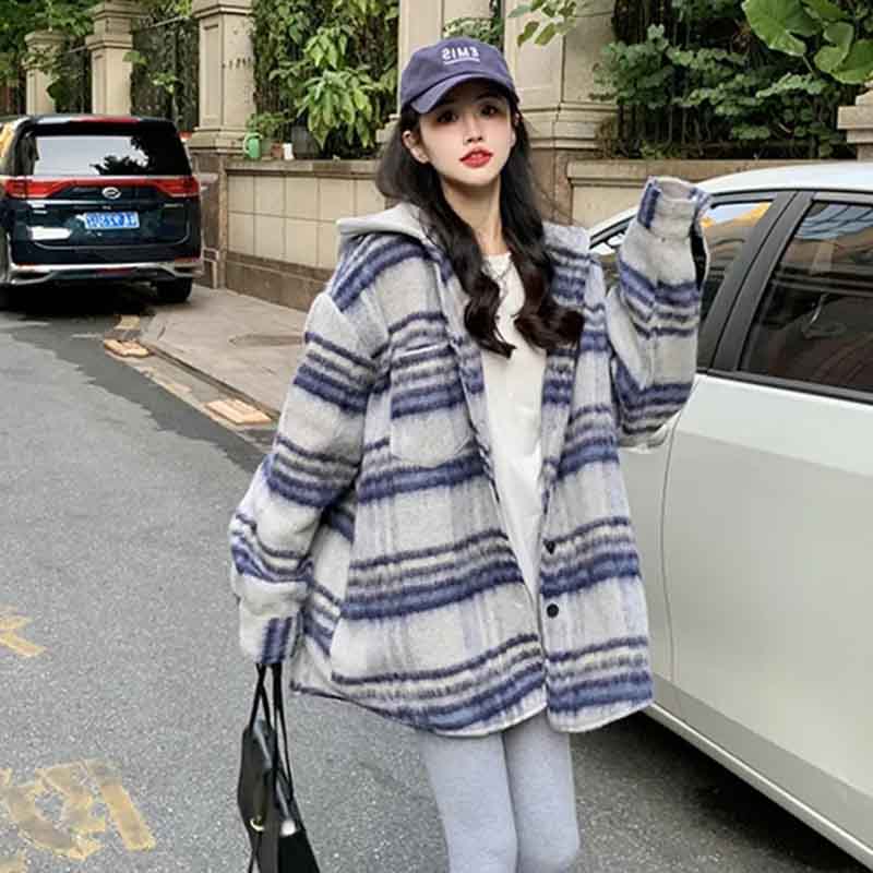 Autumn Artificial Wool Hooded Jacket Women Retro Korean Loose Stripes Casual Tops Harajuku Preppy All-Match Blends Outwear