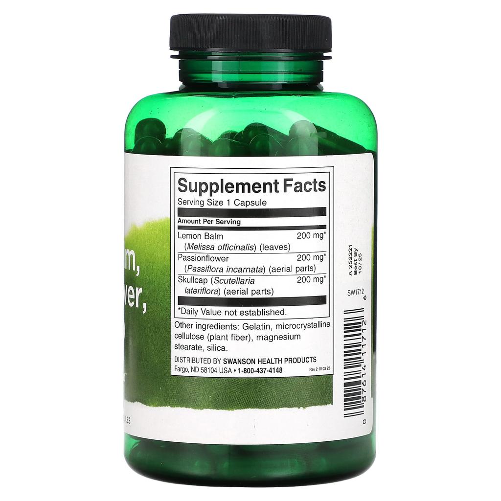 Lemon Balm, Passionflower, Skullcap Complex, 180 Capsules