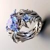 European and American princess-cut olive leaf engagement ring Diamond-encrusted blue zircon ring, a simple floral design, women's jewelry