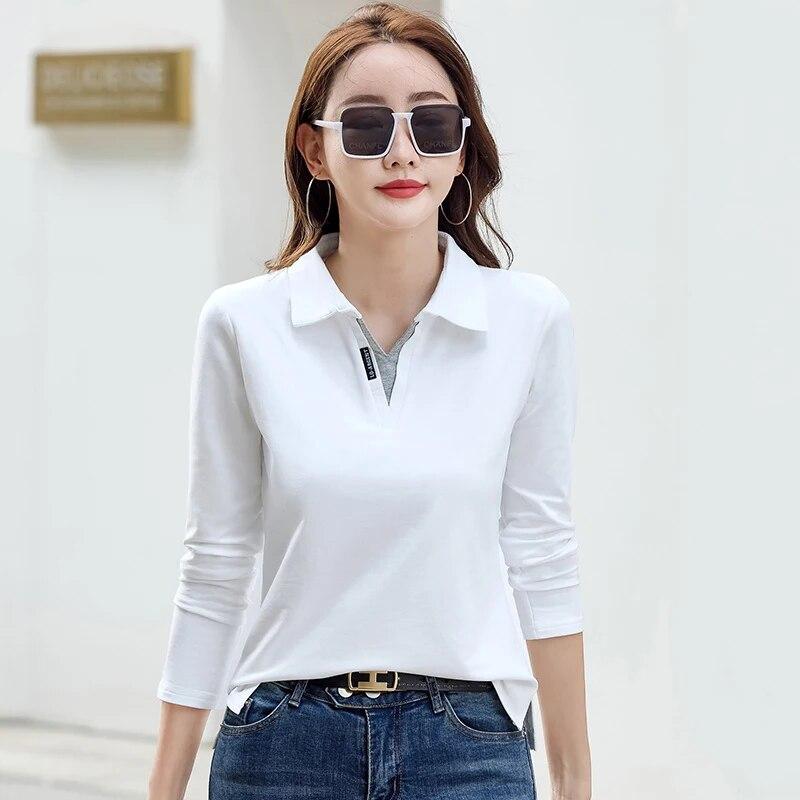 Осенняя женская рубашка поло, хлопковая однотонная футболка с длинными рукавами, лоскутные женские рубашки поло для женщин