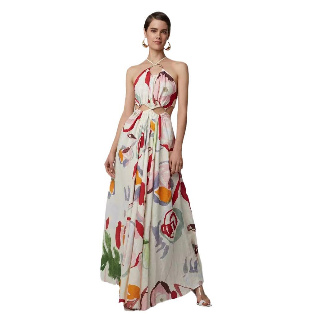 2025 Spring and Summer New Models, Women's New Slim-fitting Pendulum, Suspender Splicing Printed Long Dress, Beach Dress