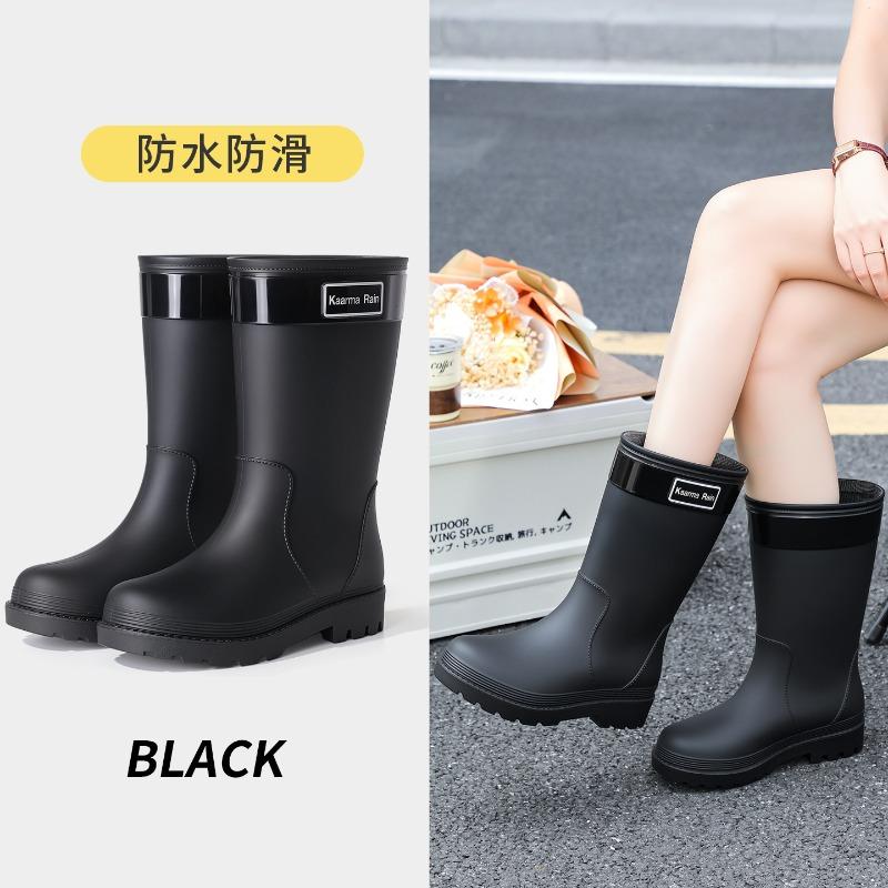 Black bundle fashion medium tube women's rubber shoes rain shoes black integrated anti-sewage shoes non-slip water boots labor insurance boots