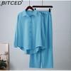 BITCED Модный осенне-зимний повседневный комплект из 2 предметов для женщин: рубашка с длинным рукавом свободного кроя, тянущаяся, мятая, и брюки широкого кроя.