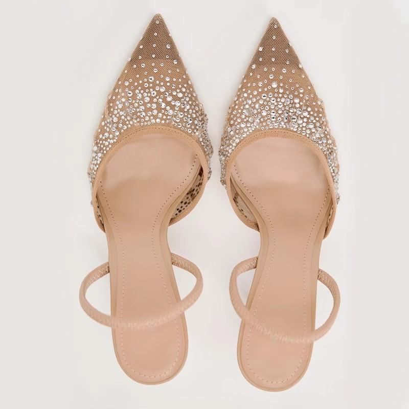 Летние женские босоножки со стразами, яркие, сетчатые, на высоком каблуке, элегантные, с открытым носком, с острым носком, женские туфли для вечеринок