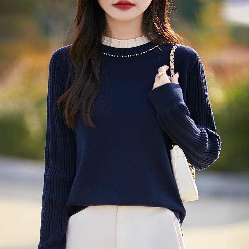 Однотонный пуловер женский с бусинами, свободный, модный, базовый, вязаный свитер, осенне-зимний топ