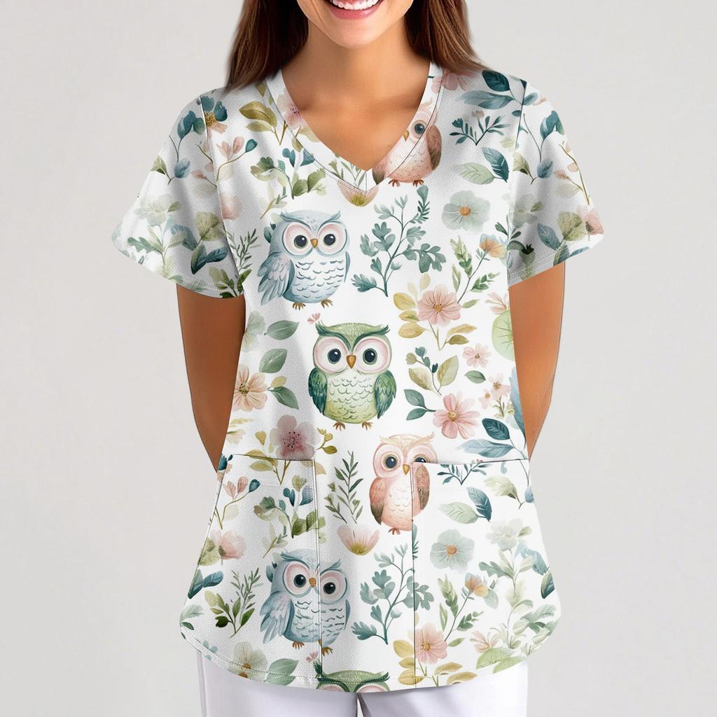 Women's Small Animal Cartoon Print Loose V-neck Pocket Short-sleeved  Uniform  Uniform