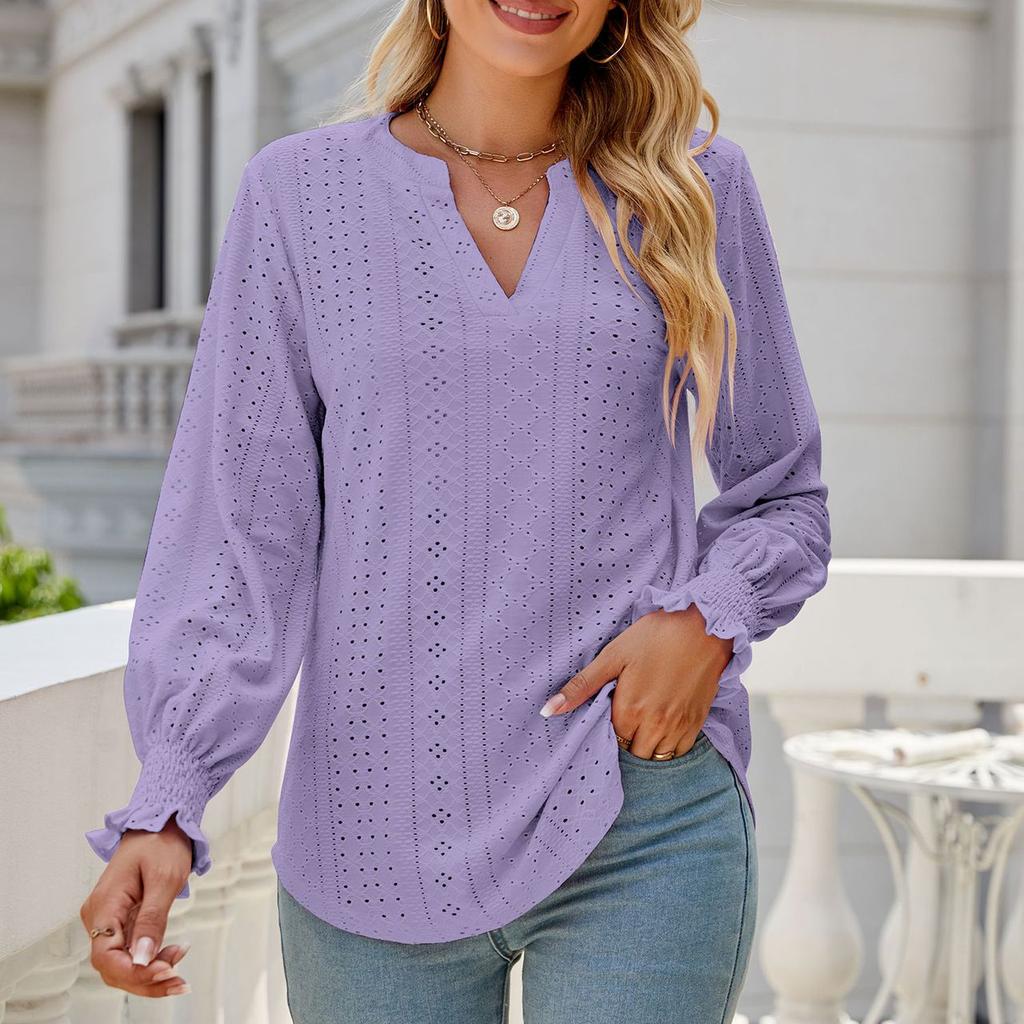 New Ladies Solid Color V-neck Casual Temperament Ladies Top Fashion Ladies Long Sleeves
