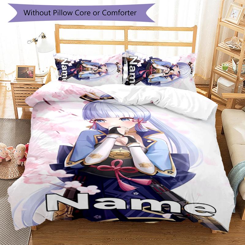 3pcs Custom Name Cartoon Genshin Impact Ayaka Kamisato Bedding Set Duvet Cover Closure Includes 1 Duvet Cover & 2 Pillowcases for All Seasons Bedroom