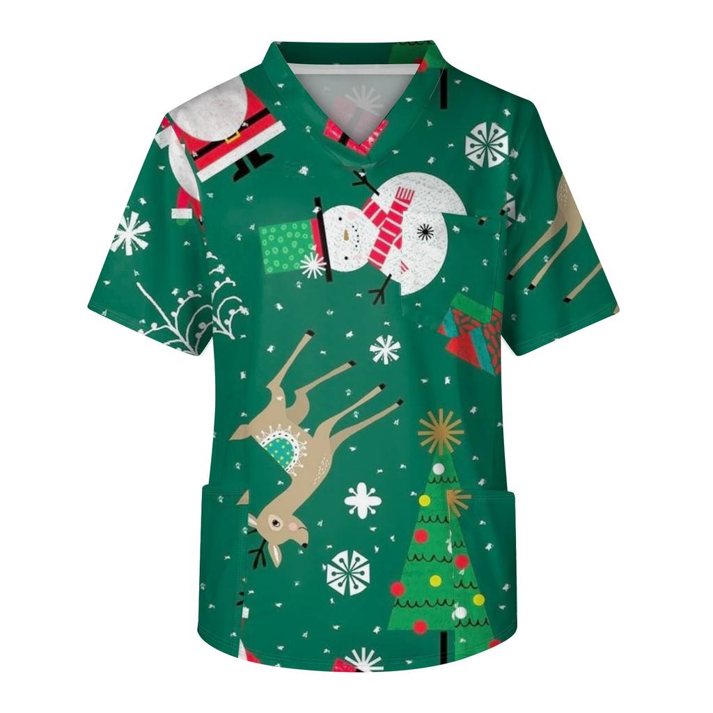 Мужской топ с коротким рукавом, V-образным вырезом, рождественским принтом и нагрудным карманом