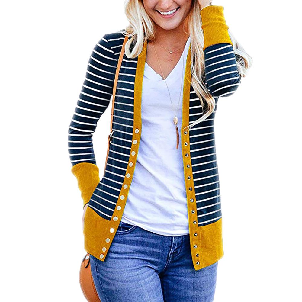 Women's Long Sleeve Ribbed Neckline Open Front Stripe Snap Button Down Knit Cardigans Sweater Coats