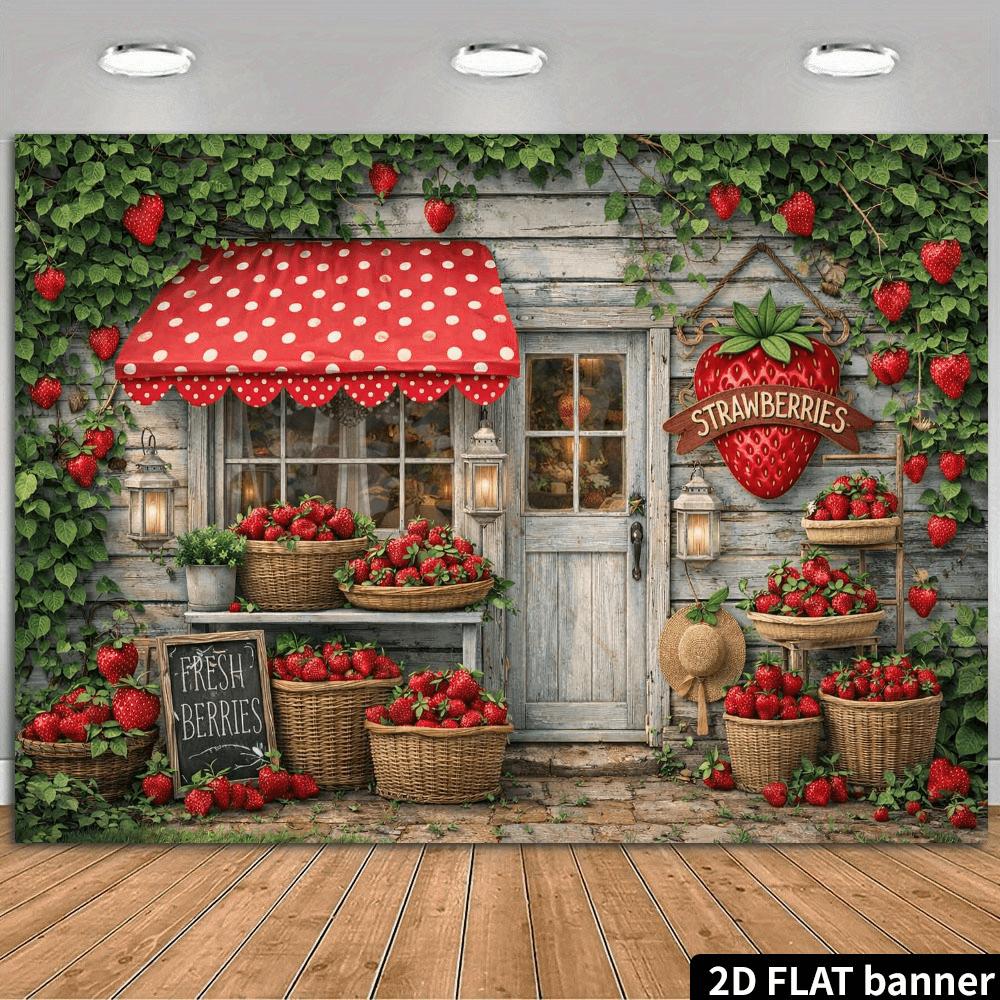 2D Flat Retro Wooden House Strawberry Shop Background Cloth, with Old Wooden Doors And Red Polka Dot Awnings,yzb