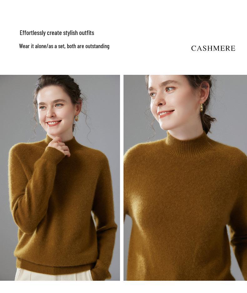 Women's High Neck Solid Color Cashmere Loose Pullover - Long Sleeve Casual Autumn/Winter Knit Sweater