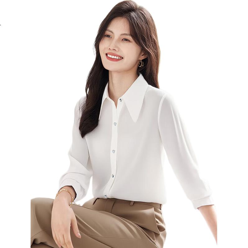 She Enjoy Long Sleeve Vintage Simple White Shirt Women's Commuting Versatile Chiffon Blouse Cardigan T143C2003